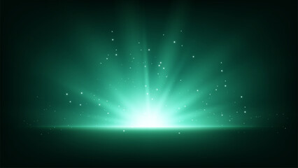 Abstract Emerald Light Burst with Sparkling Particles on Dark Background, Vector Illustration © Rendix Alextian