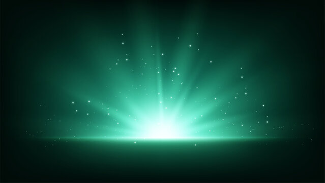 Abstract Emerald Light Burst with Sparkling Particles on Dark Background, Vector Illustration