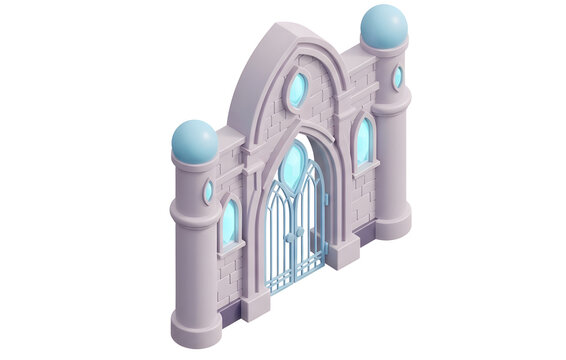 Mystical Pastel Fortress Entrance - Stylized Low-Poly 3D Game Asset.Fantasy games, icons. 3D Icon, games asset. transparent background