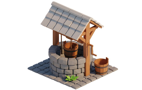 Stylized Low Poly Wishing Well 3D Model - Game Ready Village Prop. 3D Icon, games asset. transparent background
