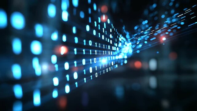 Data protection regulation visualization, bits and bytes data stream, privacy compliance display, information security flow, regulatory framework representation, defocused digital