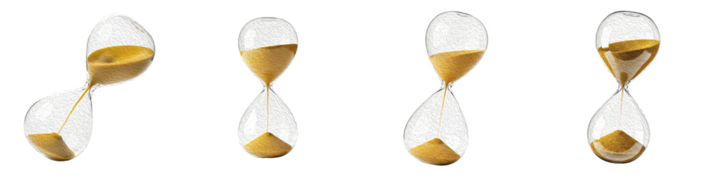 Set and Collection of Minimalist Glass Hourglasses, Antique Sand Timer Bundle with Golden Sand for Deadline and Time Management Concepts, Isolated on White Transparent PNG Background