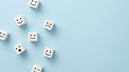 Selection of white cubes with various facial expression icons showing different emotions like happy sad and surprised on a clean blue background for psychology