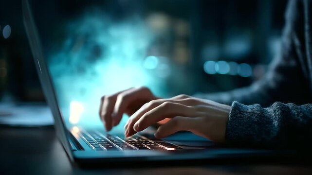 Faceless hacker hands typing on laptop keyboard, computer system hacking operation, mask and pullover wearing, security breach attempt, neon smoke atmospheric background, defocused