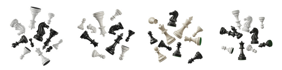 Set and Collection of Scattered Chess Pieces, Black and White Plastic Chessman Bundle for Strategy and Game Design, Isolated on White Transparent PNG Background © ibrahim
