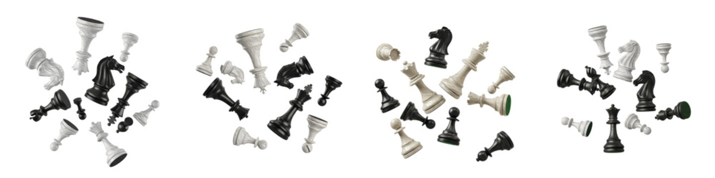 Set and Collection of Scattered Chess Pieces, Black and White Plastic Chessman Bundle for Strategy and Game Design, Isolated on White Transparent PNG Background