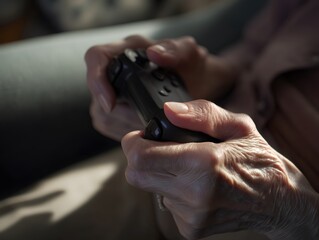 Close-up shot of hands holding a gamepad, ready to play. It shows the person enjoying their hobby of gaming