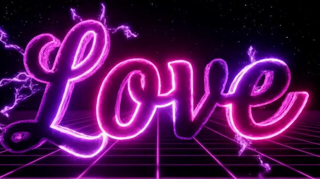 The word 'LOVE' written in cursive 3D letters, forming from vibrant neon pink and purple energy streams. The text glows brightly in the center