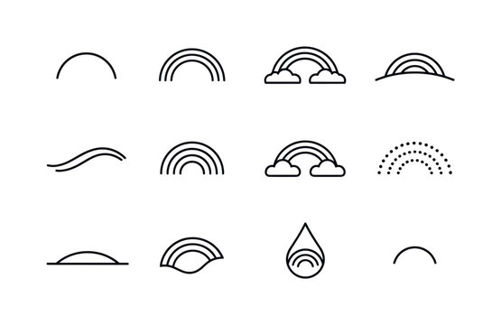 Minimal Rainbow Icons. Minimal Rainbows. Line icon set of Minimal Rainbows: single arc, double arc, rainbow with line cloud, rainbow over line hill, abstract