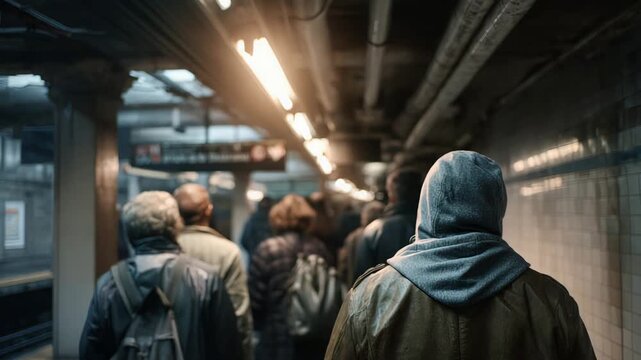 Individuals in transit amidst vibrant cityscape with subdued lighting