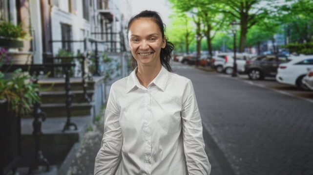 Young hispanic woman smiling and making a peace sign with her hand on a residential street near stoop and parked cars; friendly contentment.
