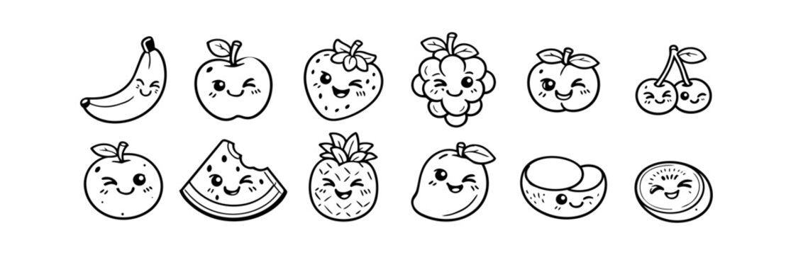 Cheeky Fruits Line Art Icons Set &ndash; Cute Cartoon Fruit Characters, Black Outline, Banana, Apple, Strawberry, Pineapple, Kiwi