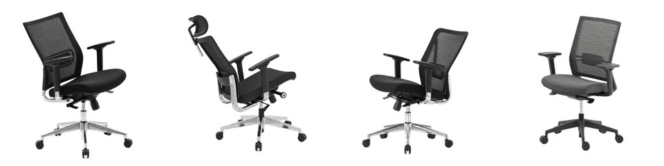 Set and Collection of Modern Ergonomic Office Chairs, Black Mesh Executive Desk Chair Bundle, Isolated on White Transparent PNG Background © ibrahim