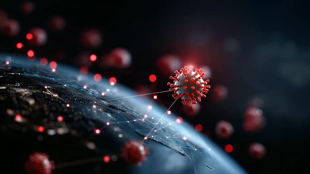 Global cyber attack visualization, planet viewed from space, internet network communication attack, red icons propagation, worldwide virus online, defocused global interface, with