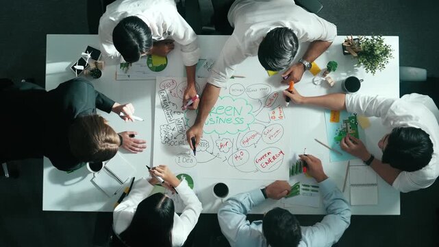 Time lapse of skilled business team working together to brainstorm environmental idea by using mind map. Aerial view of skilled manager talking and discussing about sustainable energy. Alimentation.