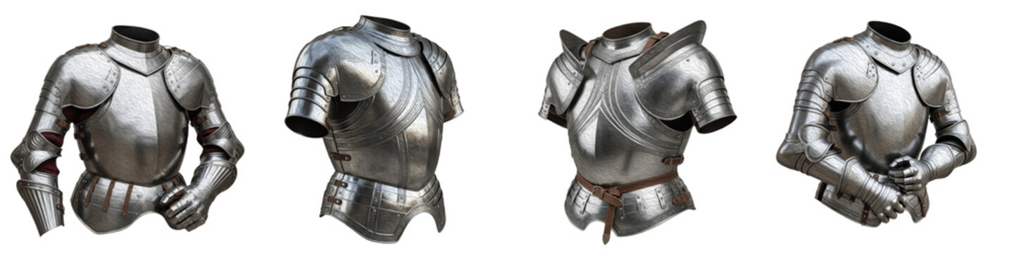 Set and Collection of Medieval Plate Armor Chestpieces, Polished Silver Knight Breastplate Bundle, Isolated on White Transparent PNG Background