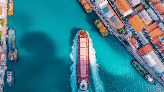 Top down perspective of huge commercial freighter carrying cargo sailing swiftly through brilliant teal ocean waterway alongside coastal city structures