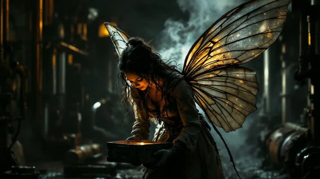 Caucasian woman intensely focusing on repairing luminous machinery in workshop