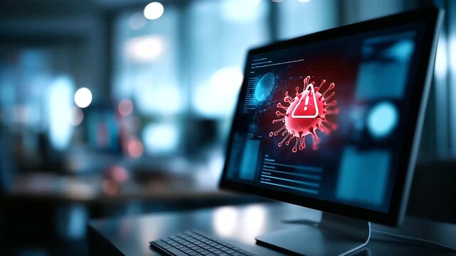 System hacked alert on computer display, cyber attack network warning, compromised information visualization, internet virus security, cybercrime threat notification, defocused dig