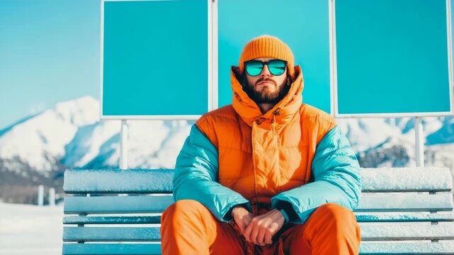 Man in Bright Winter Gear with Mirrored Goggles Rests on Frosty Bench Against Bright Blue Sky and Snowy Mountain Scape