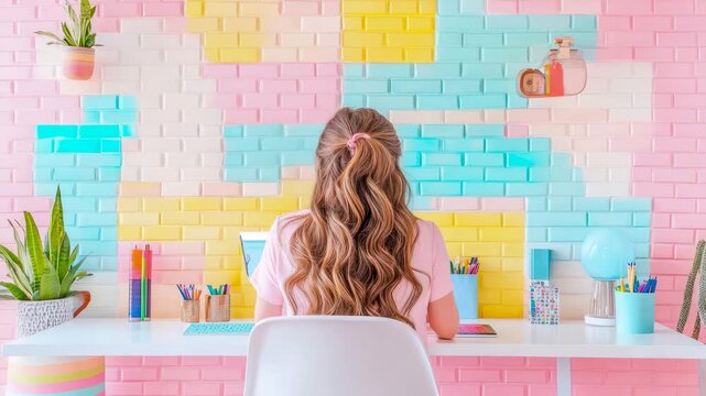 Young woman working on laptop at brightly colored desk setup against pastel tiled wall