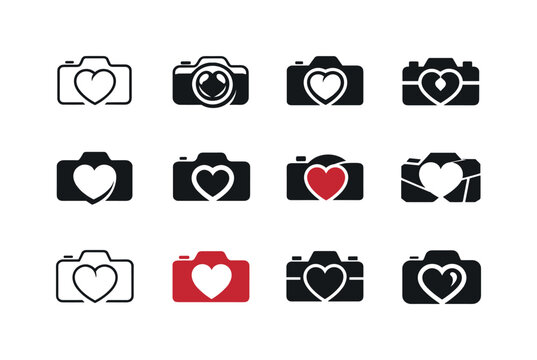 Heart Lens Icons. Love through photography (couples documenting their love). Icon set. Set Logo of Love through photography: camera lens forming a heart.