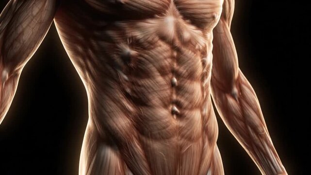 Detailed Anatomical Model of Torso Musculature Against a Black Background with Visible Muscle Fibers and Vascular