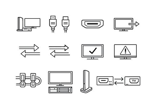 Console to TV connection. Line icon set of console to TV connection: console near TV, HDMI cable ends, HDMI port, TV input label, signal