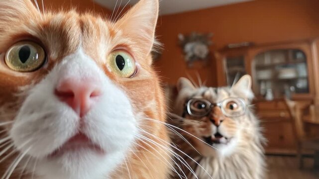 The cat looks at the camera in surprise.