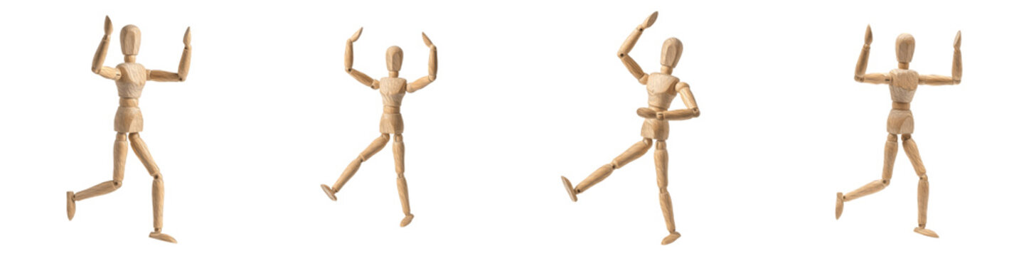 Set and Collection of Wooden Art Dolls and Artist Mannequins, Dynamic Poses for Drawing and Anatomy Study, Isolated on White Transparent PNG Background