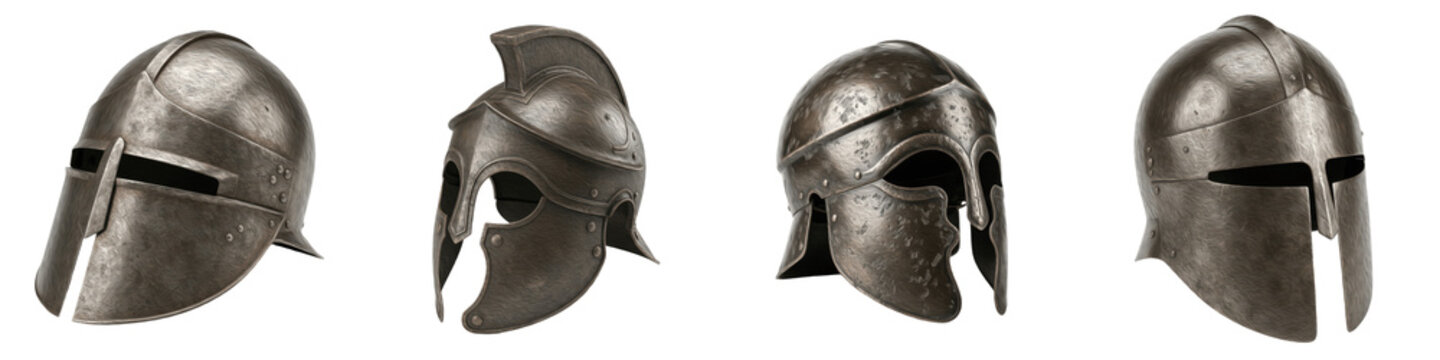 Set and Collection of Ancient Spartan and Medieval Helmets, Antique Bronze Warrior Headgear Bundle, Isolated on White Transparent PNG Background