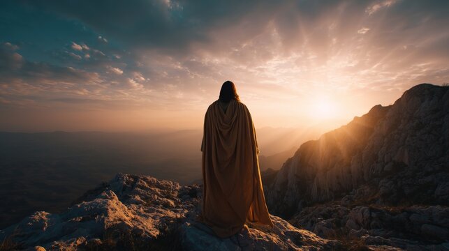 Jesus stands on a mountain with bright sky and sun during Easter celebration at dawn near Jerusalem