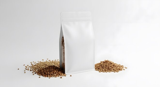 Whole Grain Seeds in White Stand-up Pouch Mockup with Grain Piles
