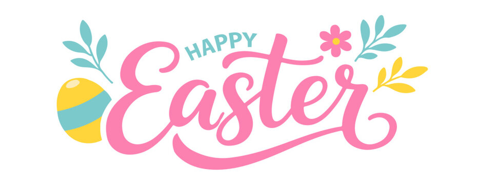 Colorful Happy Easter typography logo with pink script, easter egg and floral elements