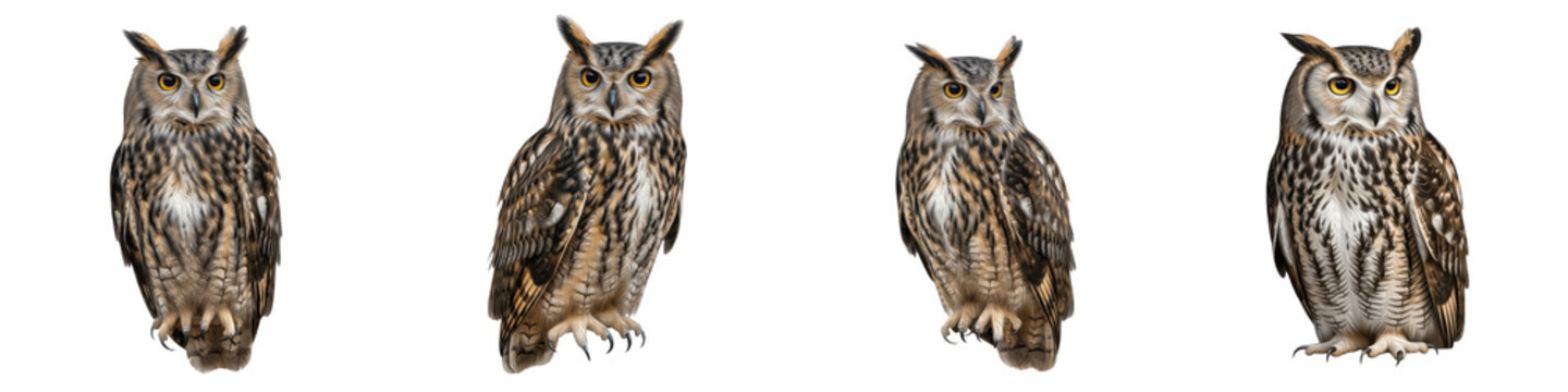 Set and collection of majestic great horned owls, wise nocturnal birds of prey in different poses, isolated on white transparent png background.