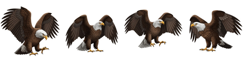 Obraz premium Set and collection of majestic bald eagles flying and landing, American symbol of freedom bird in different poses, isolated on white transparent png background.