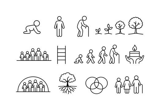 Generational Symbols. Line icon set of Generational Symbols: baby crawling icon, parent figure, elderly with cane, growing tree stages,