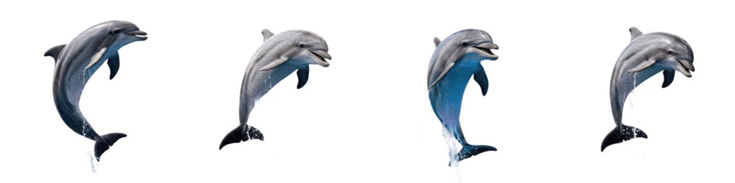 Set and collection of jumping dolphins in different poses, aquatic sea life animals, isolated on white transparent png background.