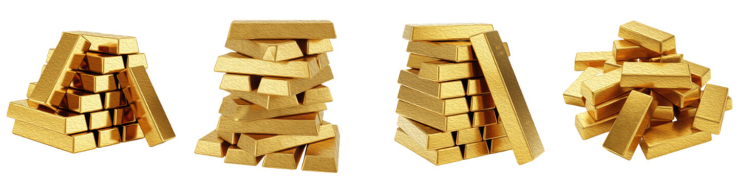 Set and collection of stacked gold bars and bullions, luxury treasure and financial success concept, isolated on white transparent png background.