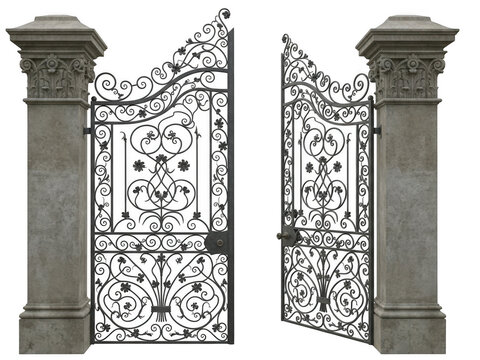 Ornate iron gate with intricate design isolated on transparent background