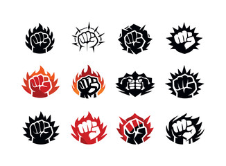 intense focus of a fighter preparing for battle. Icon set. Set Logo of intense focus of a fighter preparing for battle: clenched fist with