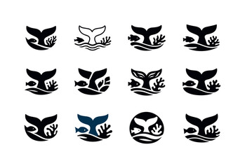 Naklejka premium Ocean biodiversity. Icon set. Set Logo of Ocean biodiversity: whale tail. harmonious logo variations of the same emblematic concept, each