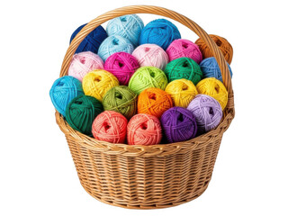 Basket filled with colorful yarn balls isolated on transparent background