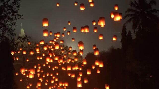 Floating Sky Lanterns Festival Night - Glowing Paper Lanterns Release Celebration Wish Hope Tradition Cultural Event Asia Thailand Yi Peng Loy Krathong Festival Light