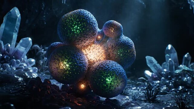 Glowing Sphere Cluster Surrounded by Crystals in a Dark Cave Environment with Ambient Lighting and Reflections