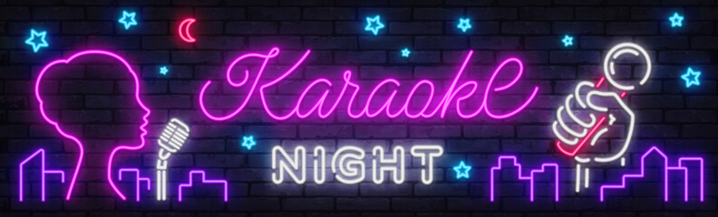 Naklejka premium Neon vector illustration with the text Karaoke Night glowing on a brick wall. Perfect for party posters, music events, and nightlife promotion designs.
