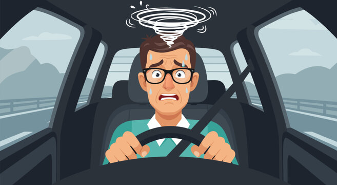 Scared Man Driving Car Vector Illustration - Frightened Driver Experiencing Anxiety and Stress on the Road