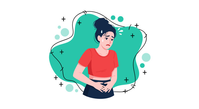Uncomfortable Woman Illustration Vector Artwork Depicting Stomach Ache Discomfort and Pain