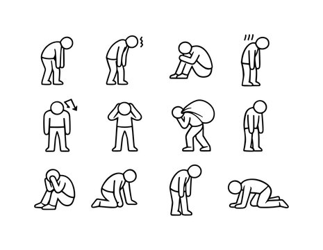 Defeated Person. Line icon set of Defeated Person: exhausted stance, burnout posture, failure body language, tired standing pose, overwhelmed