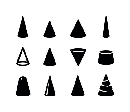 Cone Variations Icons. Cone Variations. Solid icon set of Cone Variations: tall cone, short cone, wide cone, narrow cone, hollow cone, solid cone, inverted